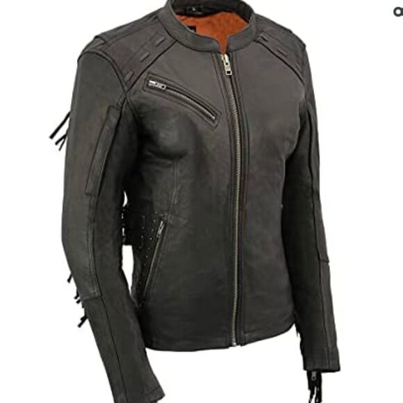 Milwaukee Leather Ladies Fringed Black Leather Racer Jacket - Picture 1 of 7